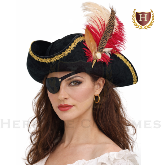 Women's Deluxe Swashbuckler Pirate Hat – Adjustable Tricorn with Feather & Gold Trim