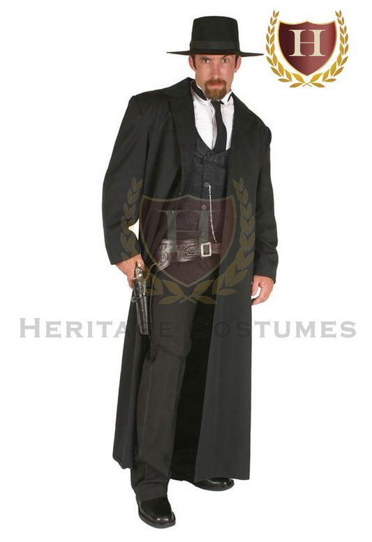 Adult Wyatt Earp costume modeled with a black frock coat, vest, dress shirt, and Old West accessories, portraying the iconic lawman of the American frontier.