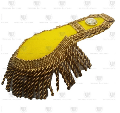 Yellow gold military epaulettes featuring detailed gold braid trim, fringe, and decorative buttons. Perfect for historical reenactments, War of 1812 portrayals, and 19th-century military uniforms.