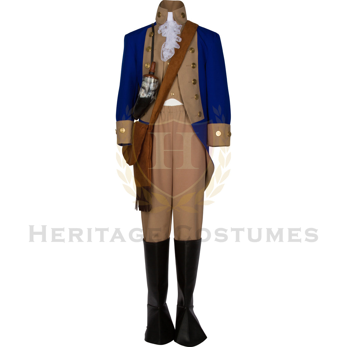 Full American Revolutionary War officer's uniform featuring a royal blue frock coat with tan lapels, red vest, and knee-length breeches. Ideal for historical reenactments, educational events, and patriotic performances.