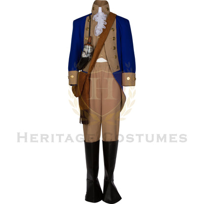 Full American Revolutionary War officer's uniform featuring a royal blue frock coat with tan lapels, red vest, and knee-length breeches. Ideal for historical reenactments, educational events, and patriotic performances.