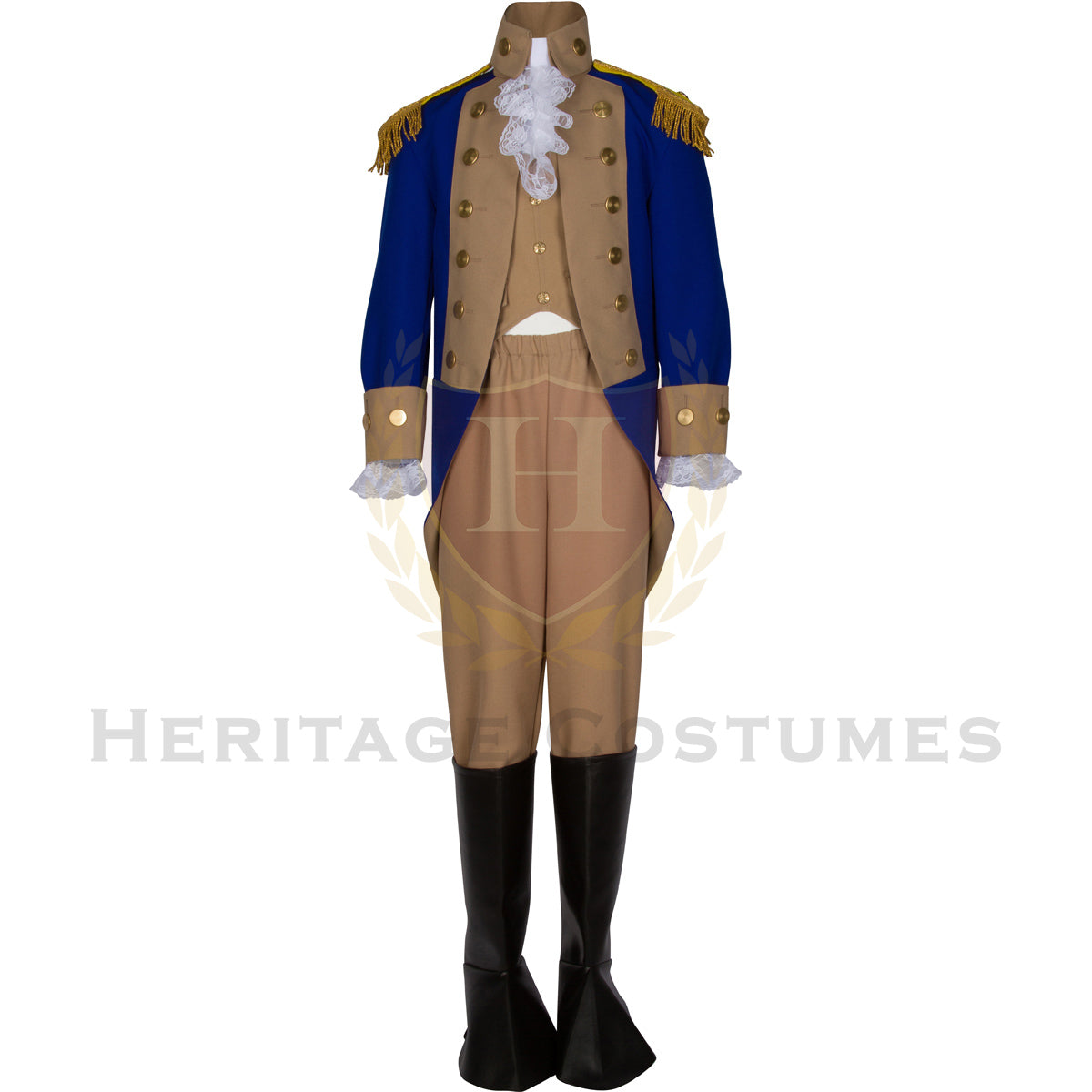 Full American Revolutionary War officer's uniform featuring a royal blue frock coat with tan lapels, red vest, and knee-length breeches. Ideal for historical reenactments, educational events, and patriotic performances.