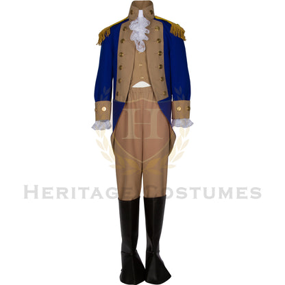 Full American Revolutionary War officer's uniform featuring a royal blue frock coat with tan lapels, red vest, and knee-length breeches. Ideal for historical reenactments, educational events, and patriotic performances.