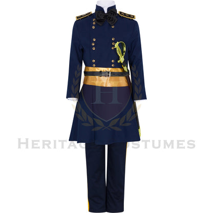 Zachary Taylor children's costume featuring a historically-inspired military uniform with a tailored navy jacket adorned with gold buttons, matching pants, and a decorative belt, perfect for educational events, school plays, or history-themed parties.