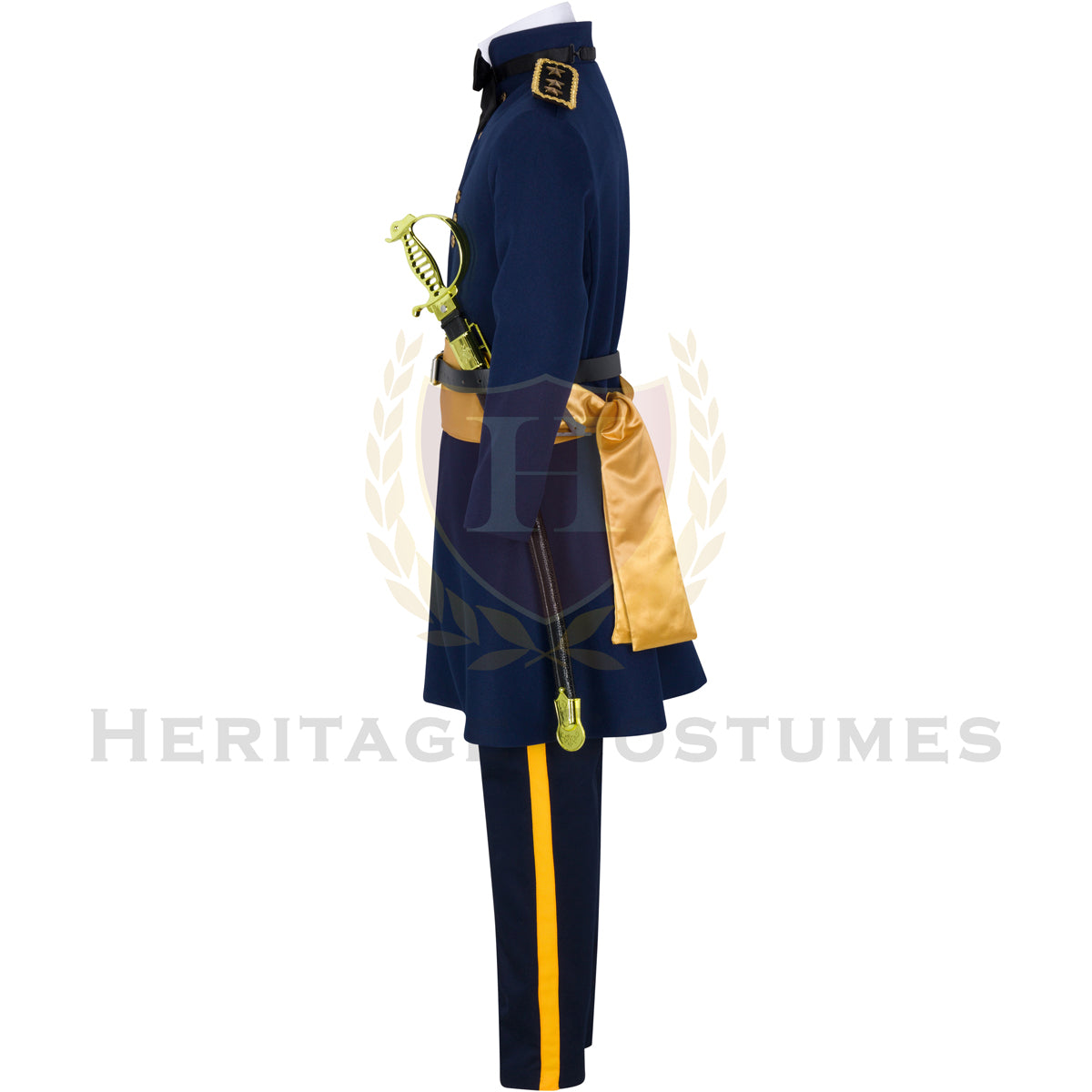 Zachary Taylor children's costume featuring a historically-inspired military uniform with a tailored navy jacket adorned with gold buttons, matching pants, and a decorative belt, perfect for educational events, school plays, or history-themed parties. Side View