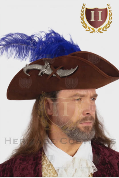 High Seas Buccaneer Tricorn Hat – Deluxe Pirate Hat with Feathers | Suede-Look Colonial Captain Hat