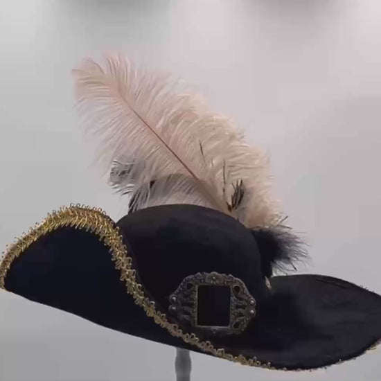 Queen of the Seas Buccaneer Hat – Adjustable Wide-Brim Pirate Hat with Feather & Gold Trim