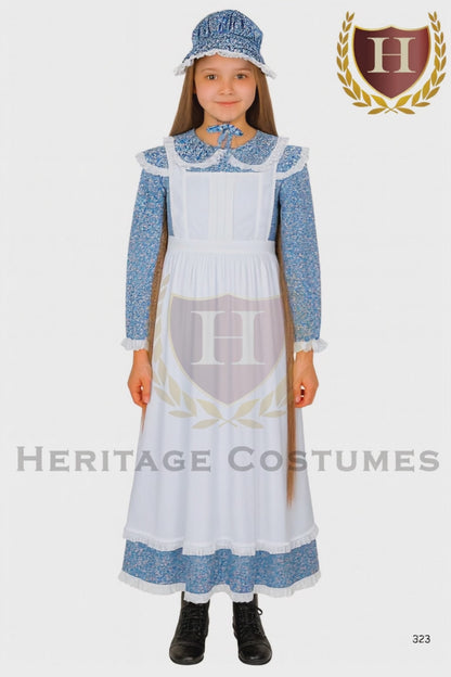 American Frontier Pioneer Girl Dress with Matching Bonnet and Apron