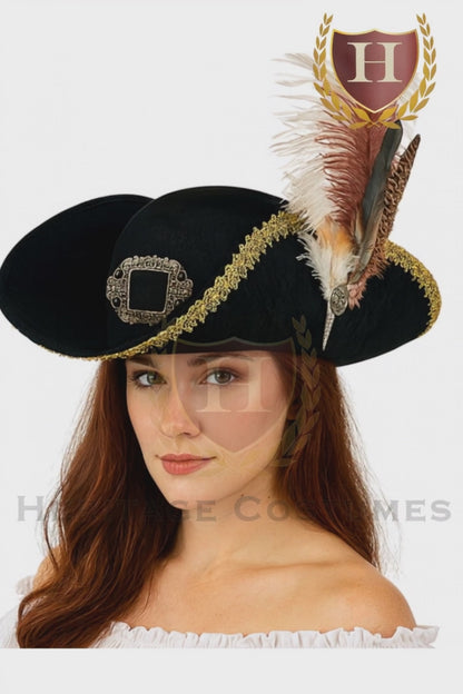 Queen of the Seas Buccaneer Hat – Adjustable Wide-Brim Pirate Hat with Feather & Gold Trim