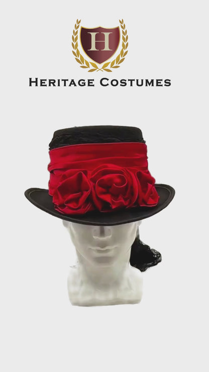 Black and Red Victorian Ladies Short Top Riding Hat with Tail