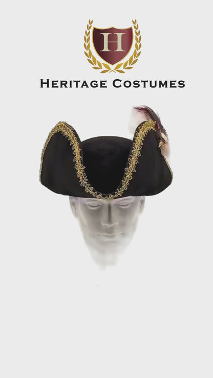 Women's Deluxe Swashbuckler Pirate Hat – Adjustable Tricorn with Feather & Gold Trim