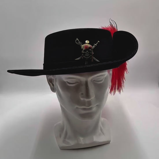 Video showing a 360-degree view of the black flat top pirate hat, highlighting its tricorn shape, gold trim, feather detail, and adjustable interior band.