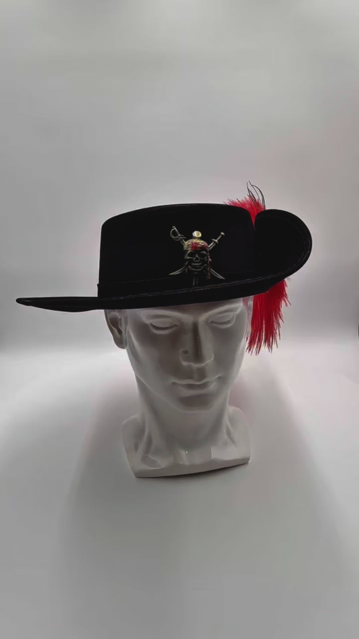 Video showing a 360-degree view of the black flat top pirate hat, highlighting its tricorn shape, gold trim, feather detail, and adjustable interior band.