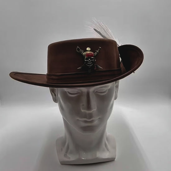 Video showing a 360-degree view of the brown flat top pirate hat, highlighting its tricorn shape, gold trim, feather detail, and adjustable interior band.
