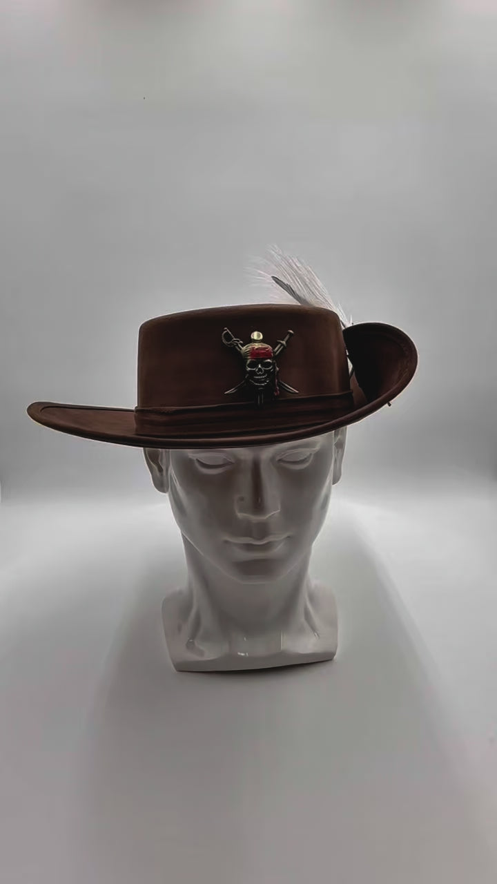 Video showing a 360-degree view of the brown flat top pirate hat, highlighting its tricorn shape, gold trim, feather detail, and adjustable interior band.
