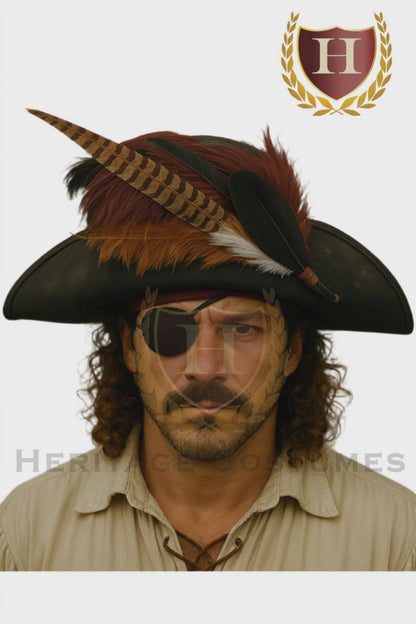Blackbeard Pirate Hat – Weathered Faux Leather Hat with Feather Accent