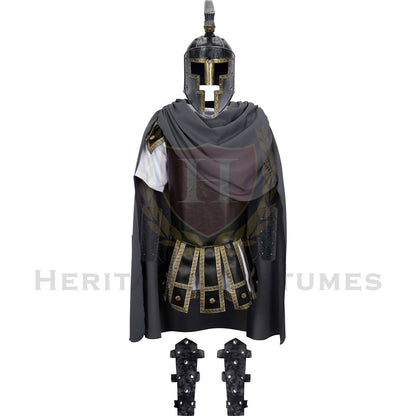 AAchilles Greek Warrior Adult Costume featuring a detailed chest plate, Grecian tunic, battle cloak, and armor accessories, inspired by the legendary Trojan War hero, perfect for historical reenactments, cosplay, and themed events.
