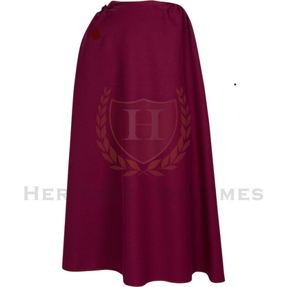 Back view of a burgundy Roman cloak, crafted from durable heavy poly gabardine fabric. Designed with a slip-over-the-head fit, draping elegantly over the shoulders. A historical garment inspired by the pallium and lacerna, perfect for Roman reenactments, theatrical performances, and historical cosplay.