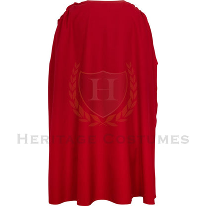 Back view of a red Roman cloak, crafted from durable heavy poly gabardine fabric. Designed with a slip-over-the-head fit, draping elegantly over the shoulders. A historical garment inspired by the pallium and lacerna, perfect for Roman reenactments, theatrical performances, and historical cosplay.