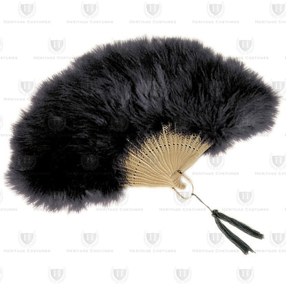 Black feather hand fan featuring soft, elegant feathers and a sturdy frame. Designed for Victorian, Regency, and historical costumes, perfect for reenactments, theatrical performances, and formal 19th-century attire.