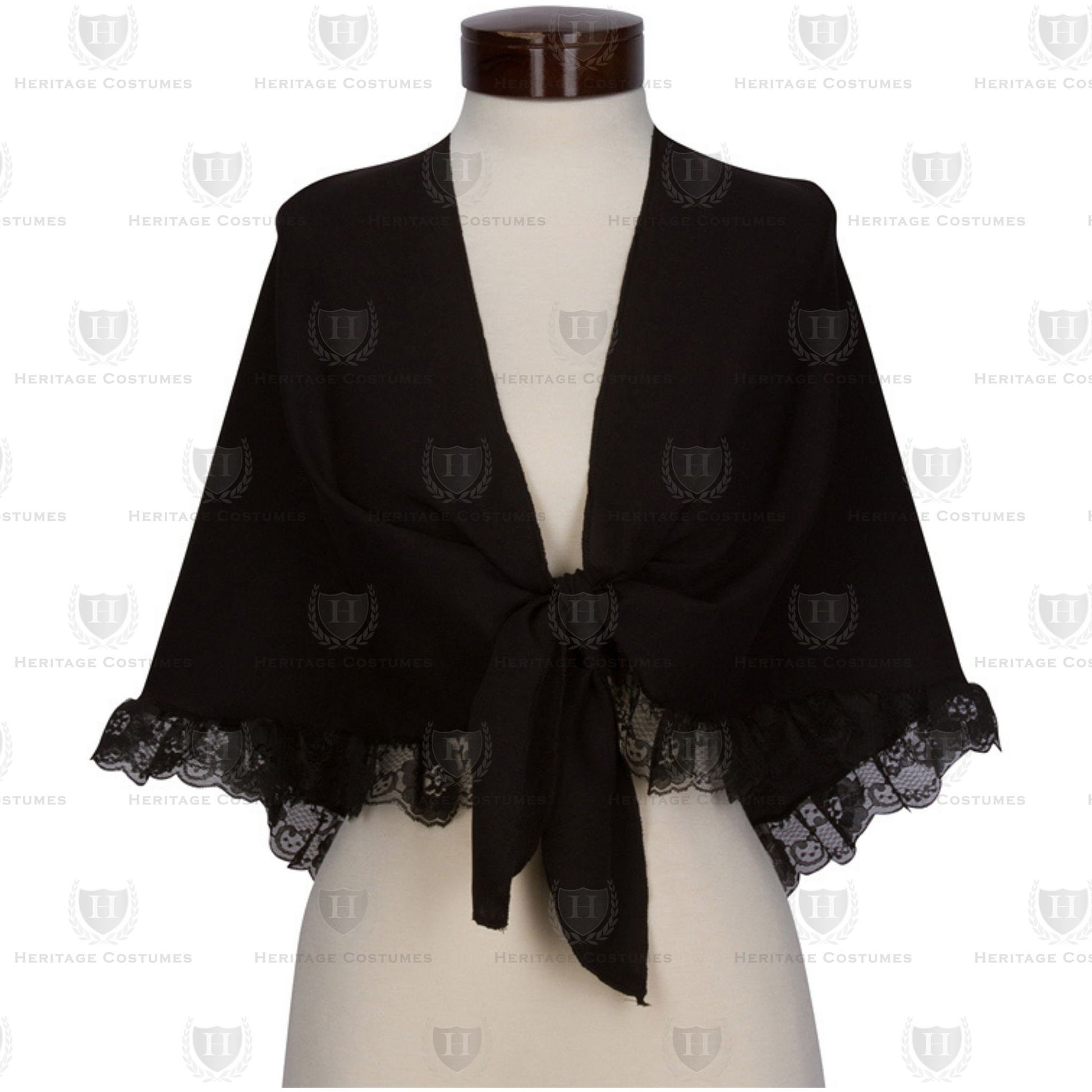 Black shawl with delicate lace trim, designed for a classic Victorian-era look. Lightweight and stylish, perfect for historical reenactments, Mary Todd Lincoln costumes, theatrical performances, and 19th-century formal attire.