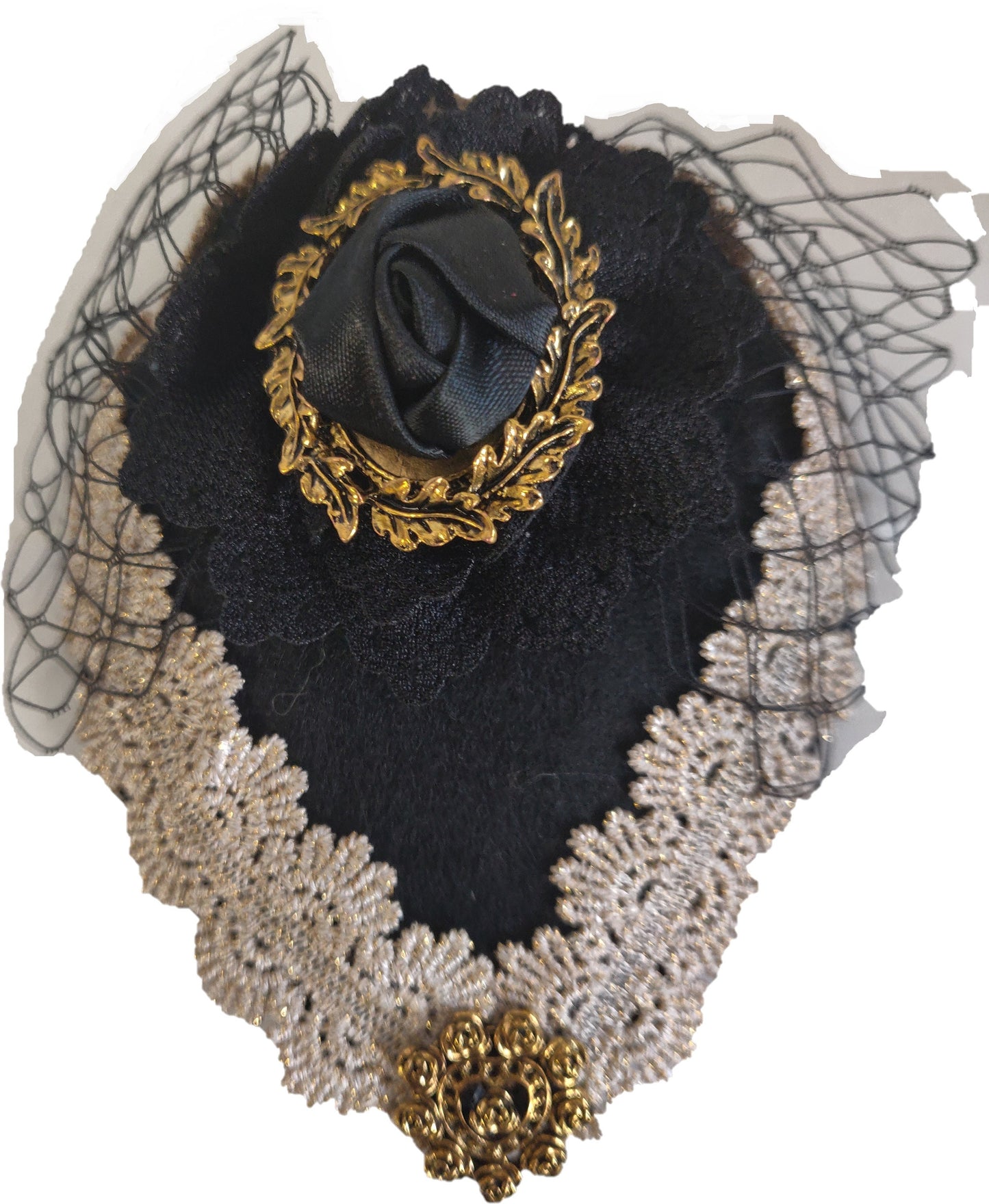 Black and cream Victorian fascinator hat featuring delicate lace trim, decorative ribbons, and period-inspired embellishments. Designed for historical accuracy, perfect for Victorian reenactments, Mary Todd Lincoln costumes, theatrical performances, and formal 19th-century attire.