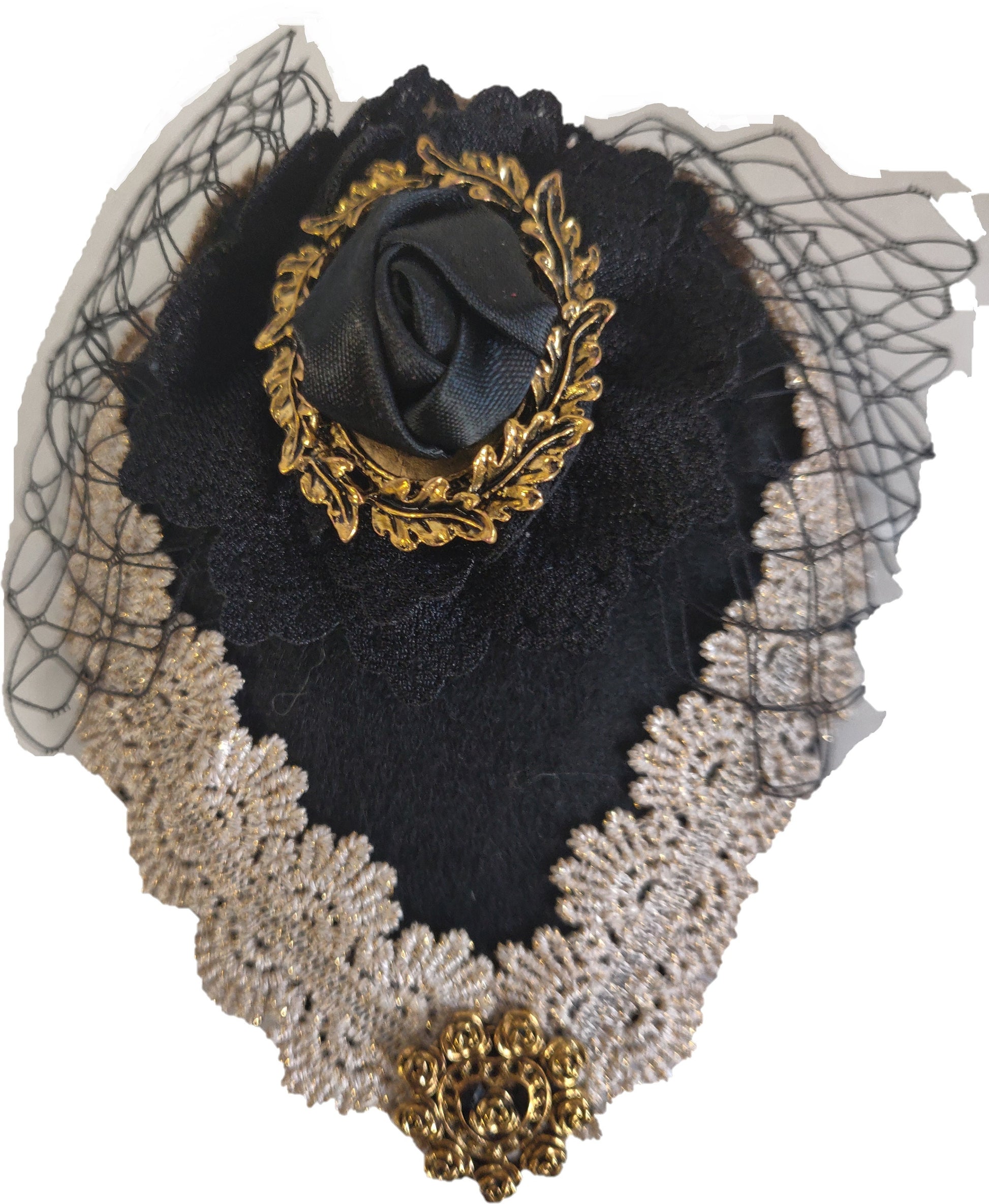 Black and cream Victorian fascinator hat featuring delicate lace trim, decorative ribbons, and period-inspired embellishments. Designed for historical accuracy, perfect for Victorian reenactments, Mary Todd Lincoln costumes, theatrical performances, and formal 19th-century attire.