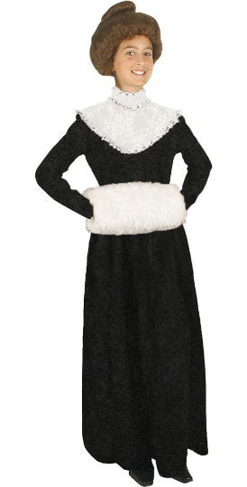 Model wearing a Children's 19th Century Charles Dickens Victorian Black Dress, showcasing its classic period-accurate design, elegant lace detailing, and vintage-inspired silhouette, perfect for historical reenactments and theatrical performances