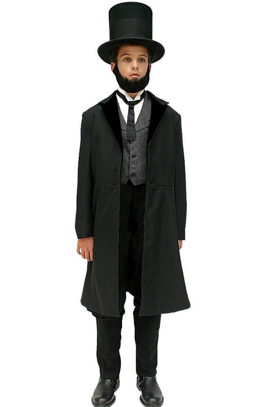 Children’s Abraham Lincoln costume featuring a black Victorian frock coat with a velvet collar, charcoal grey vest with attached shirt collar and string tie, black twill pants, a collapsible felt stovepipe hat, and an attached beard. Perfect for school plays, Presidents’ Day, historical reenactments, and educational events.