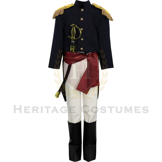 Front view of Children's Colonel William Travis Military Uniform – Authentic 19th-century Texas Revolution officer's coat with gold buttons, ivory breeches, and historical military accessories.