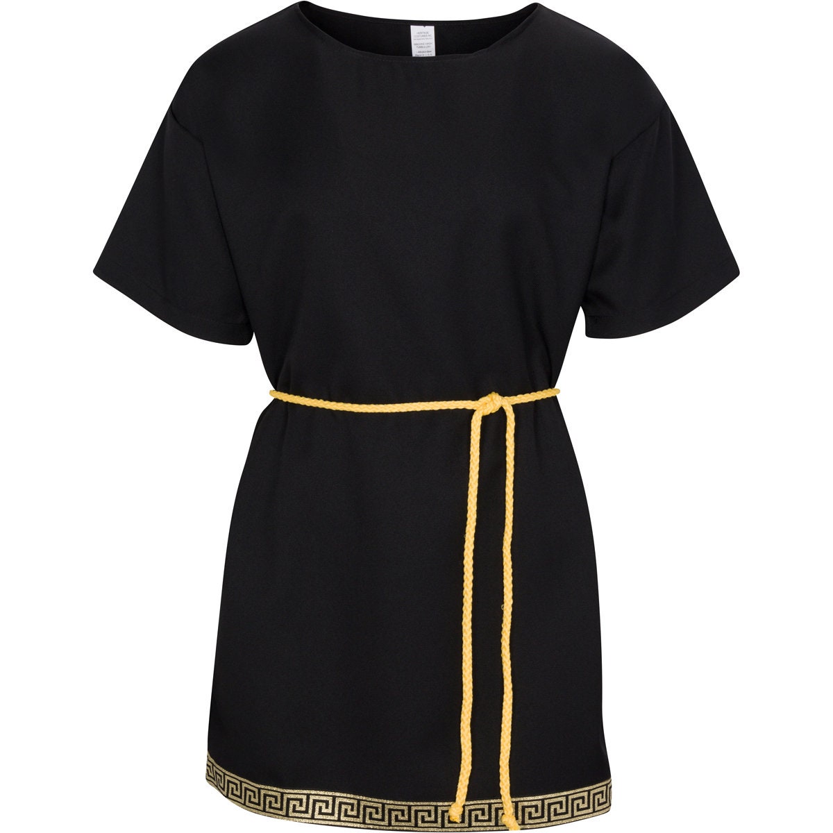 Authentic black Roman/Grecian short tunic made from high-quality gabardine fabric, featuring Greek-inspired trim and a gold rope belt. Perfect for historical reenactments, toga parties, theatrical performances, and ancient warrior or senator costumes.