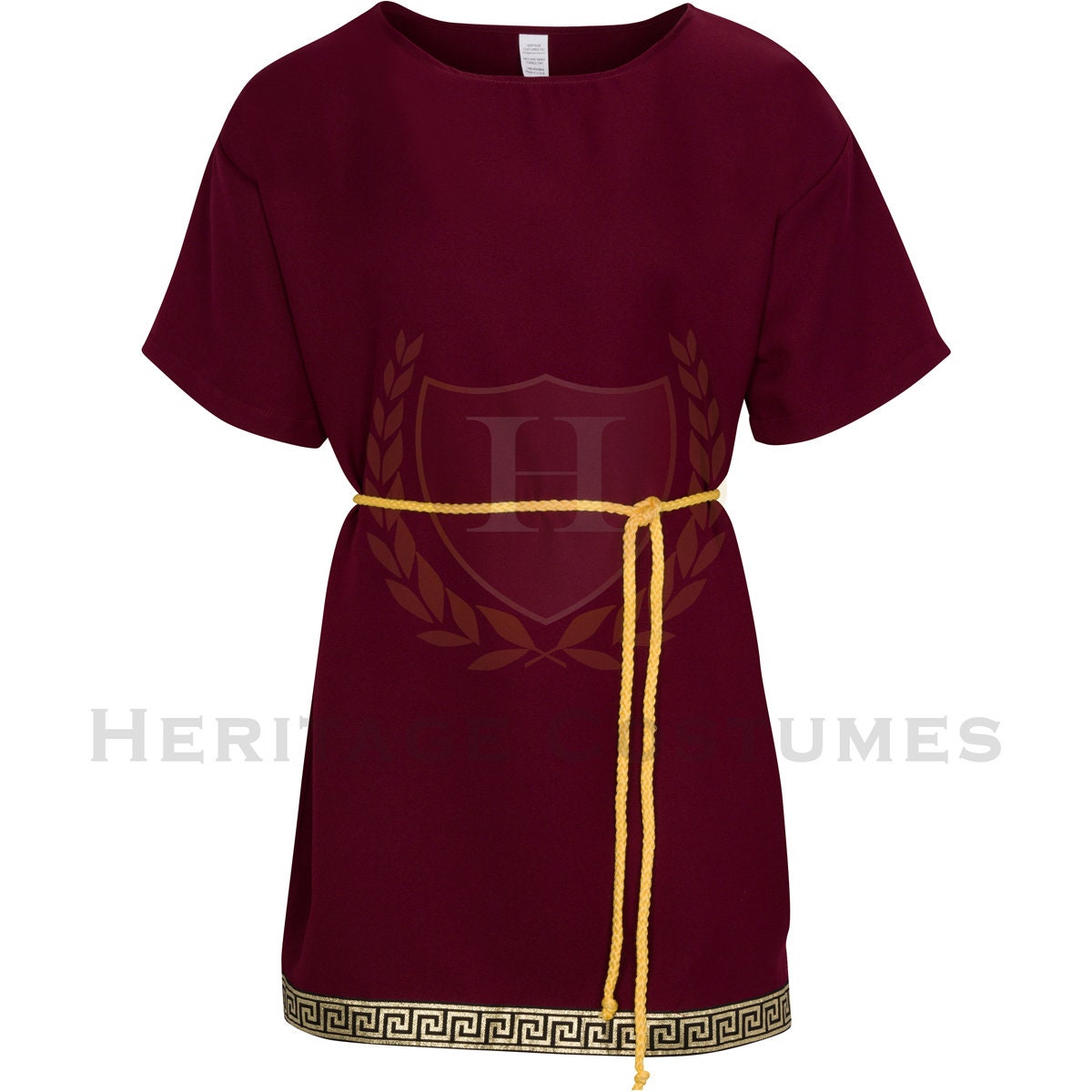 Authentic burgundy Roman/Grecian short tunic made from high-quality gabardine fabric, featuring Greek-inspired trim and a gold rope belt. Perfect for historical reenactments, toga parties, theatrical performances, and ancient warrior or senator costumes.