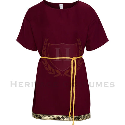 Authentic burgundy Roman/Grecian short tunic made from high-quality gabardine fabric, featuring Greek-inspired trim and a gold rope belt. Perfect for historical reenactments, toga parties, theatrical performances, and ancient warrior or senator costumes.