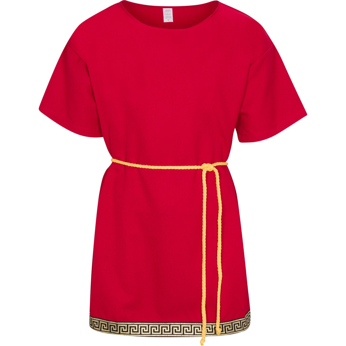 Authentic red Roman/Grecian short tunic made from high-quality gabardine fabric, featuring Greek-inspired trim and a gold rope belt. Perfect for historical reenactments, toga parties, theatrical performances, and ancient warrior or senator costumes.