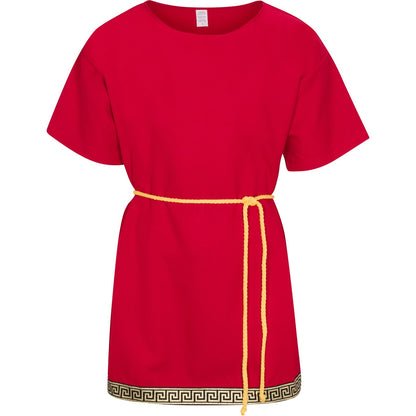 Authentic red Roman/Grecian short tunic made from high-quality gabardine fabric, featuring Greek-inspired trim and a gold rope belt. Perfect for historical reenactments, toga parties, theatrical performances, and ancient warrior or senator costumes.