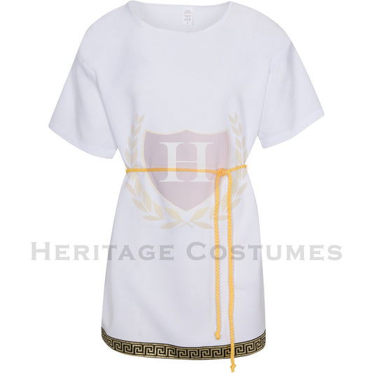 Authentic white Roman/Grecian short tunic made from high-quality gabardine fabric, featuring Greek-inspired trim and a gold rope belt. Perfect for historical reenactments, toga parties, theatrical performances, and ancient warrior or senator costumes.