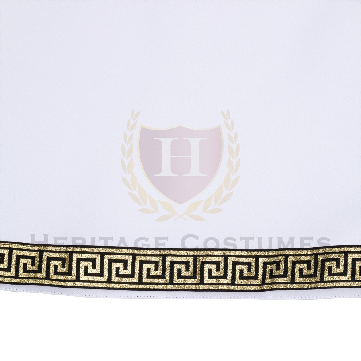 Close-up view of the intricate Greek-inspired trim on the classic white Roman/Grecian tunic. Made from high-quality gabardine fabric, this tunic is perfect for historical reenactments, toga parties, theatrical performances, and ancient warrior or senator costumes.