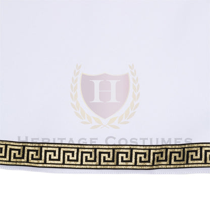 Close-up view of the intricate Greek-inspired trim on the classic white Roman/Grecian tunic. Made from high-quality gabardine fabric, this tunic is perfect for historical reenactments, toga parties, theatrical performances, and ancient warrior or senator costumes.