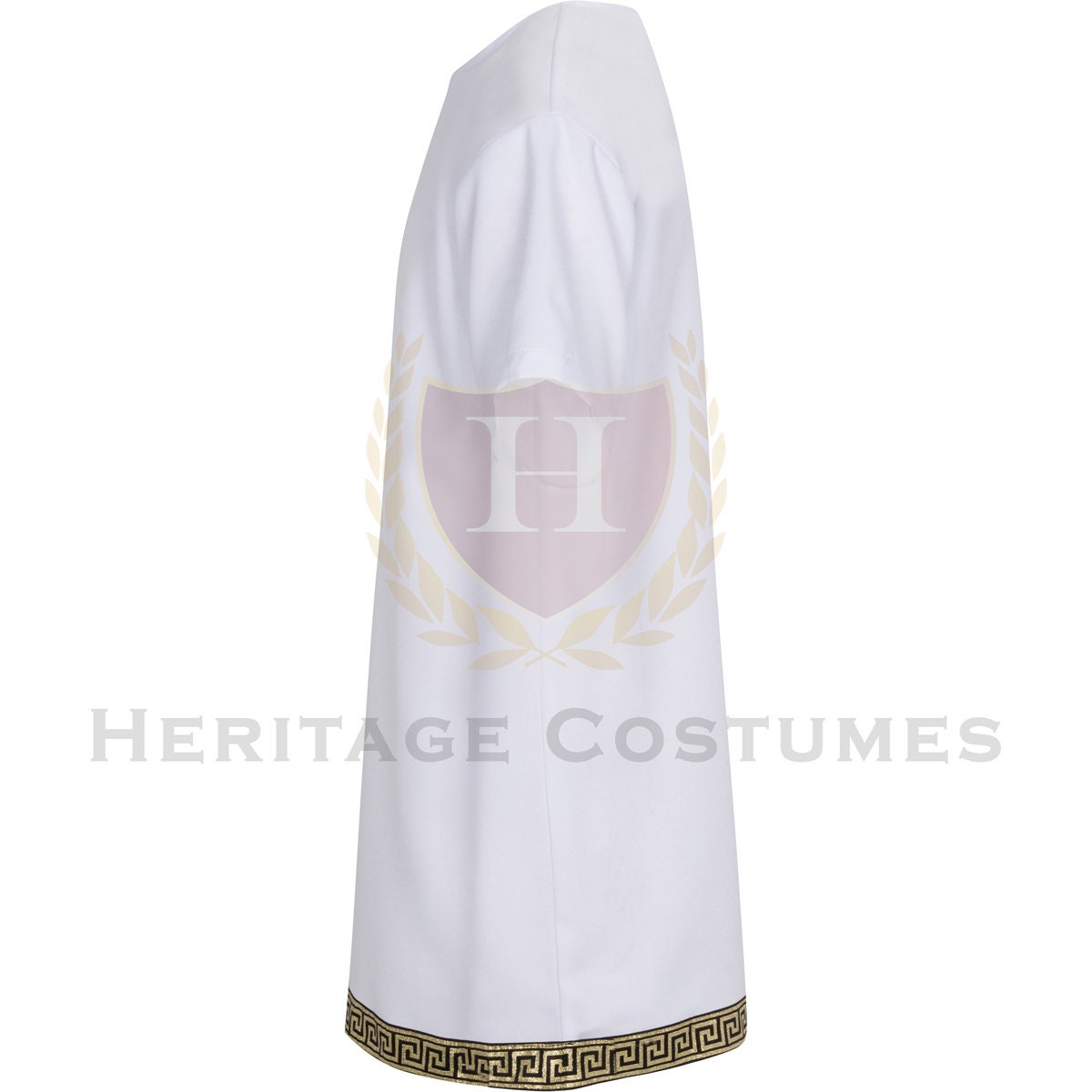  Side view of a classic white Roman/Grecian tunic made from high-quality gabardine fabric, featuring Greek-inspired trim and a gold rope belt. Ideal for historical reenactments, toga parties, theatrical performances, and ancient warrior or senator costumes.