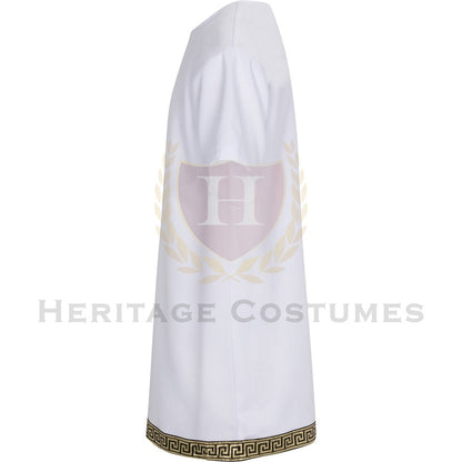  Side view of a classic white Roman/Grecian tunic made from high-quality gabardine fabric, featuring Greek-inspired trim and a gold rope belt. Ideal for historical reenactments, toga parties, theatrical performances, and ancient warrior or senator costumes.