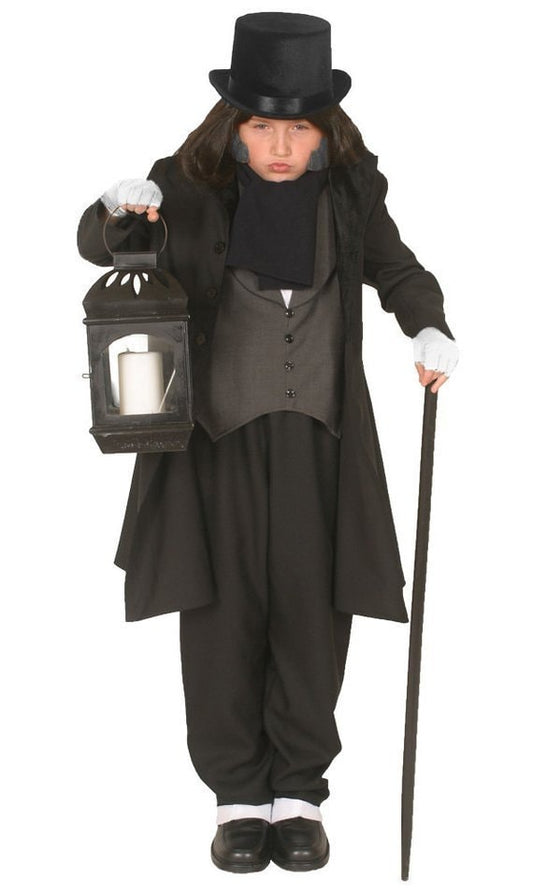 Ebenezer Scrooge costume featuring a black Victorian frock coat with a velvet collar, a charcoal grey vest with attached shirt collar and string tie, black twill pants, a pashmina-style scarf, and a classic black Victorian top hat. Perfect for theatrical performances, Dickens fairs, Christmas events, and historical reenactments.