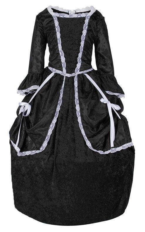 Front view of a black jacquard Mary Todd Lincoln dress featuring a satin polyester two-piece design with lace trim, a broadcloth-lined bodice, and adjustable side panniers. Inspired by 19th-century fashion, perfect for historical reenactments, school plays, and educational events.