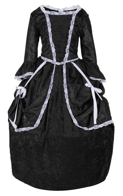 Front view of a black jacquard Mary Todd Lincoln dress featuring a satin polyester two-piece design with lace trim, a broadcloth-lined bodice, and adjustable side panniers. Inspired by 19th-century fashion, perfect for historical reenactments, school plays, and educational events.