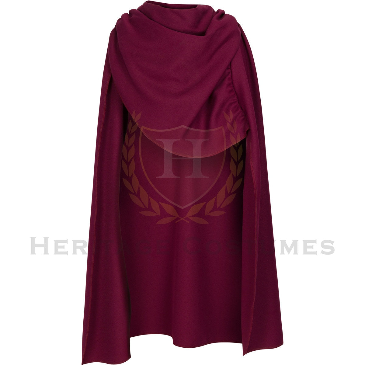 Front view of a burgundy Roman cloak, crafted from durable heavy poly gabardine fabric. Designed with a slip-over-the-head fit, draping elegantly over the shoulders. A historical garment inspired by the pallium and lacerna, perfect for Roman reenactments, theatrical performances, and historical cosplay.