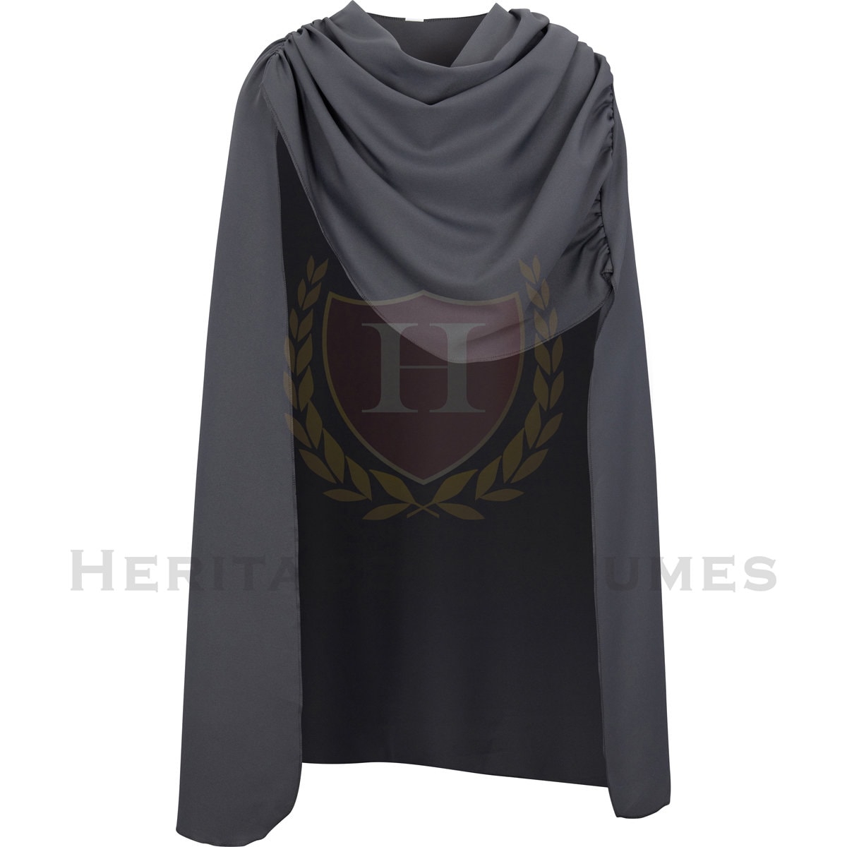 Front view of a grey Roman cloak, crafted from durable heavy poly gabardine fabric. Designed with a slip-over-the-head fit, draping elegantly over the shoulders. A historical garment inspired by the pallium and lacerna, perfect for Roman reenactments, theatrical performances, and historical cosplay.