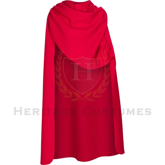 Front view of a red Roman cloak, crafted from durable heavy poly gabardine fabric. Designed with a slip-over-the-head fit, draping elegantly over the shoulders. A historical garment inspired by the pallium and lacerna, perfect for Roman reenactments, theatrical performances, and historical cosplay.