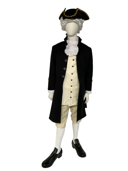 Model wearing the James Monroe Colonial Costume, featuring a black frock coat, ivory waistcoat with lace jabot, colonial breeches, and historical accessories, perfect for historical reenactments, theatrical performances, and educational events.
