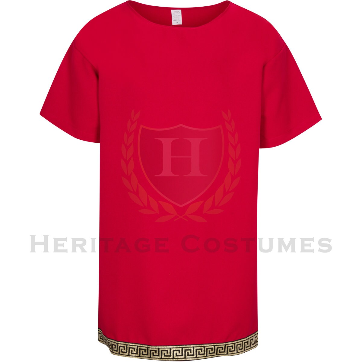 Mark Antony Roman Red Battle Undertunic featuring a classic short tunic design with metallic trim, crafted from durable polyester gabardine fabric, perfect for historical reenactments, cosplay, and Roman warrior-themed costumes.
