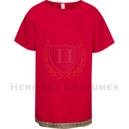 Mark Antony Roman Red Battle Undertunic featuring a classic short tunic design with metallic trim, crafted from durable polyester gabardine fabric, perfect for historical reenactments, cosplay, and Roman warrior-themed costumes.