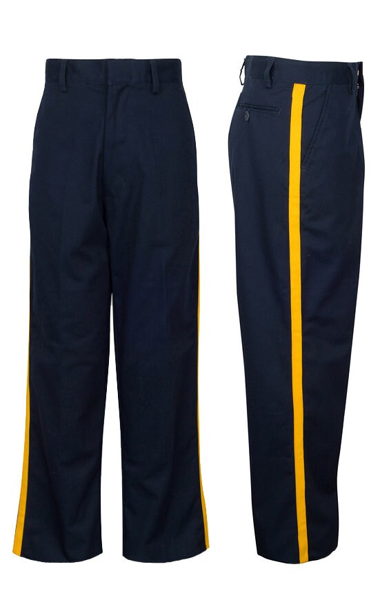 Military-style trousers crafted from durable navy twill fabric. They feature a gold stripe down each leg for a distinguished look and interior side buttons for a comfortable and secure fit.